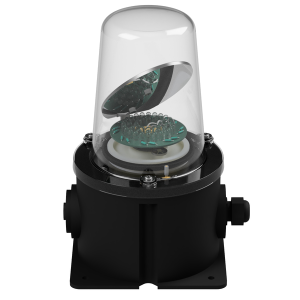 deegee RFT IP65 Rotating Mirror Beacon 115-230Vuc Black Base 250mm x 150mm x 150mm White